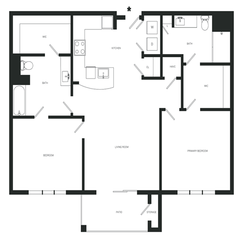 Floor plan for 2 beds, 2 baths, 1232 sqft